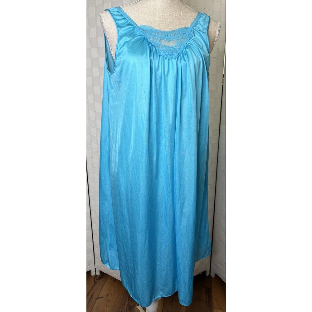 Lorraine Medium Vintage Nightgown Long Length Blue Lace Accents Sleeveless Dress